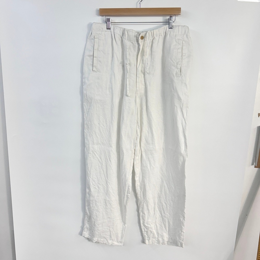 100% Linen Pants XL White Drawstring Relaxed Coastal Resort Euro Summer Womens